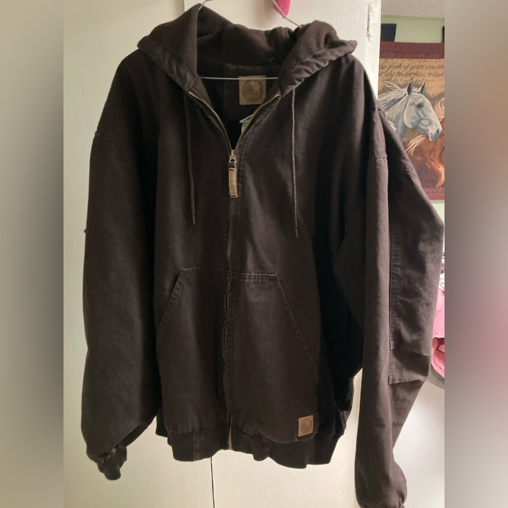 BERNE Heavy Lined 2XLR Brown Hooded Zipped Work Coat with logo - Picture 2 of 7